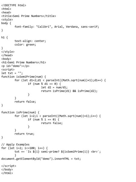 JavaScript Code for Semiprime Numbers_ HTML Code for Paragraphs. CSS for Heading H1 and Body